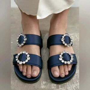 ZARA FLAT SLIDER SANDALS WITH RHINESTONE BUCKLES